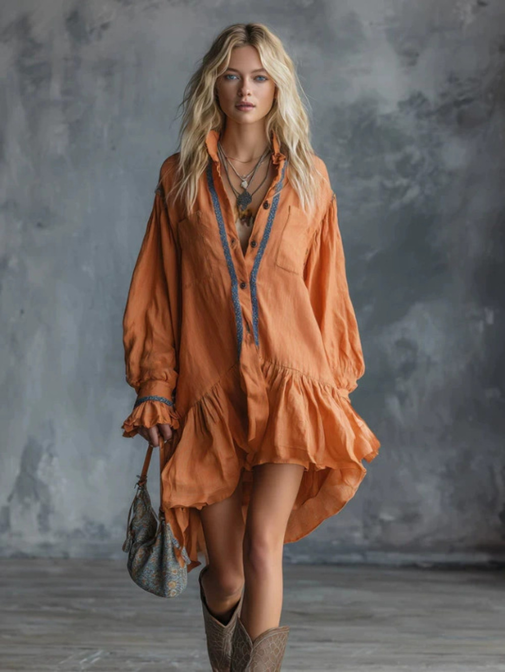 H&M  Womens Casual Orange Long Sleeve Lace Trim Mini Dress